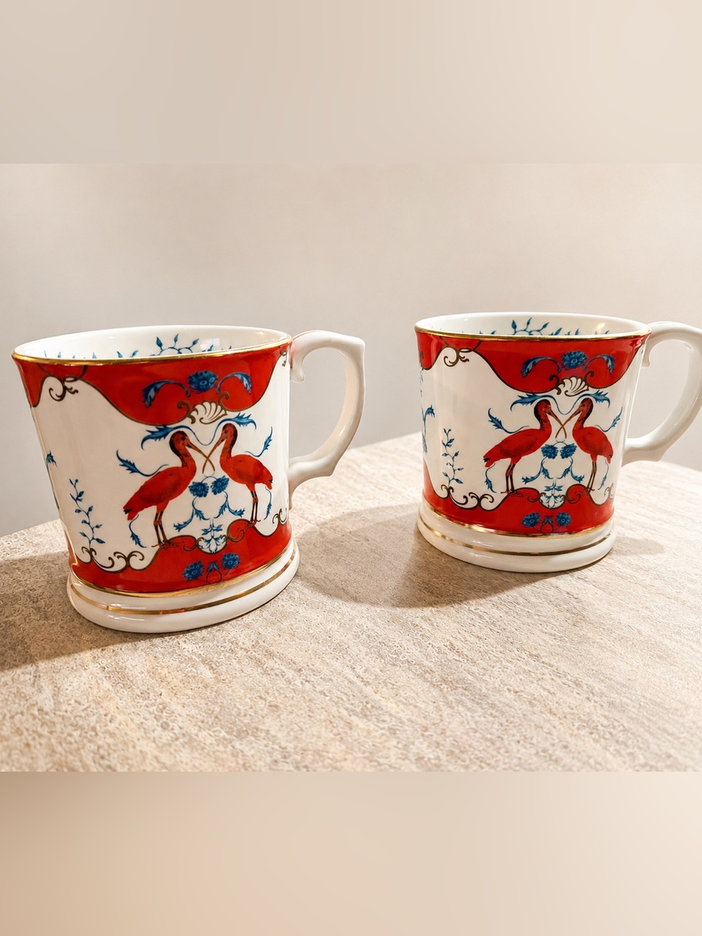 Anthropologie Lou Rota Red & Blue Crane Pattern Mugs (Set of 2) NWT